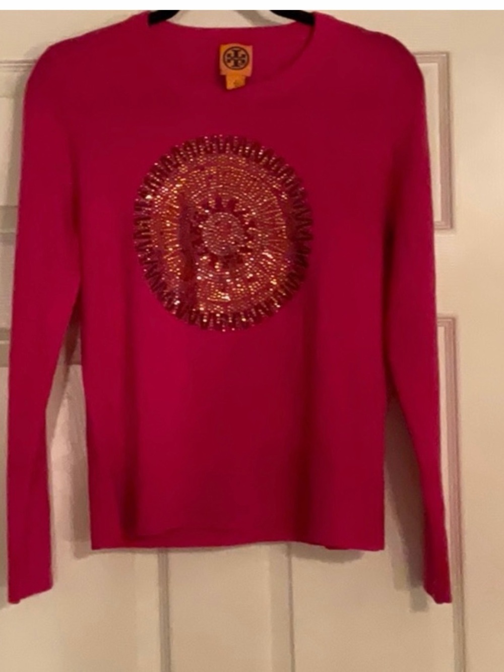 Tory Burch Hot Pink Crewneck Sweater with Gold Sequin Medallion